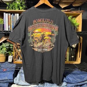 Vintage Y2K Harley Davidson Honolulu Hawaii Biker Tee Faded Black Shirt Mens XL